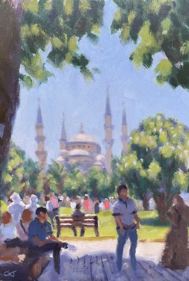 A colorful painting of a park scene with people sitting on benches, walking, and enjoying the outdoors near a mosque with multiple minarets. Trees frame the scene with a bright blue sky above.