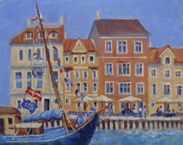 Painting of a harbor scene with a sailboat docked near a row of colorful buildings, some with outdoor seating under umbrellas.