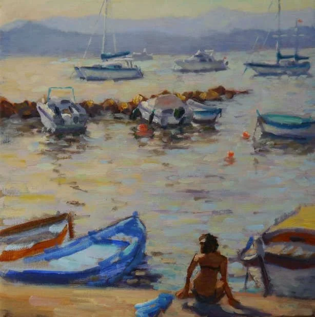 Painting of boats anchored in a harbor with a person sitting on the shore.
