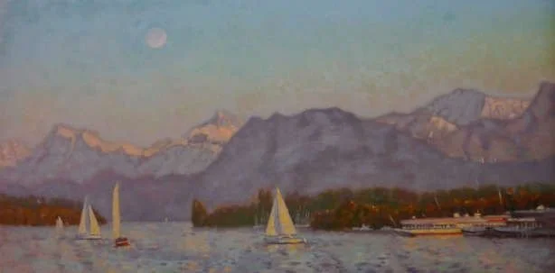 A painting of sailboats on a body of water with mountains and a full moon in the background.