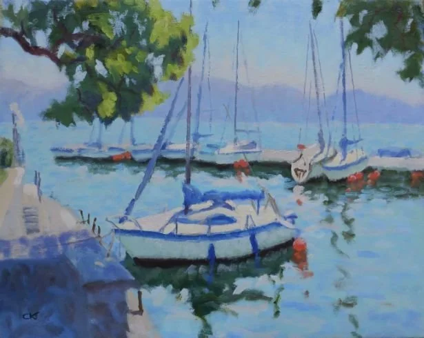 Painting of sailboats docked at a marina with trees overhanging in the foreground.