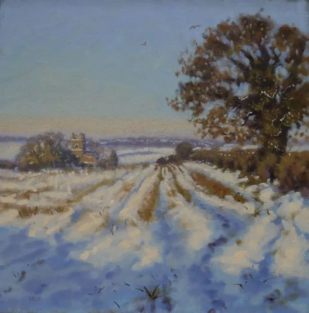 A winter landscape painting of a snow-covered field with a dirt road, a large tree on the right, and a church with a steeple in the background under a clear sky.