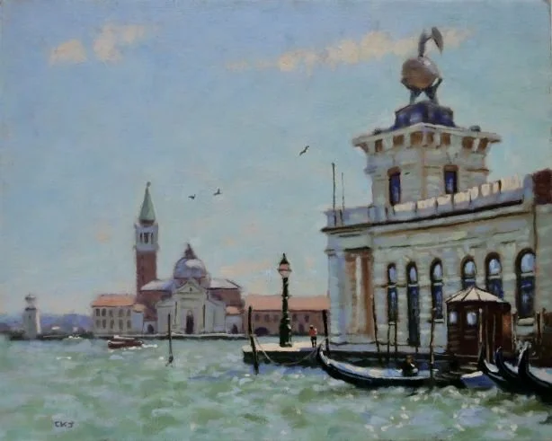 A painting of Venice, Italy, featuring a waterway with gondolas, historic buildings, and a church with a tall steeple in the background, under a partly cloudy sky.