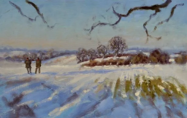 A winter landscape painting with snow-covered fields, two people walking, leafless trees, and a cloudy sky.