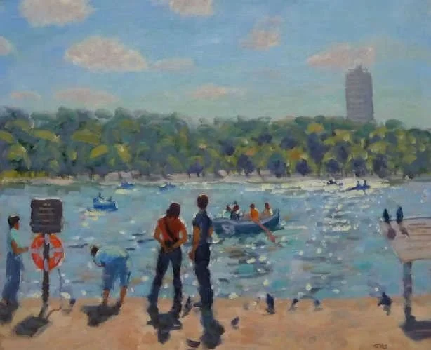 Painted scene of a lakeside park with people fishing, walking, and boating on a sunny day, with trees and a tall building in the background.