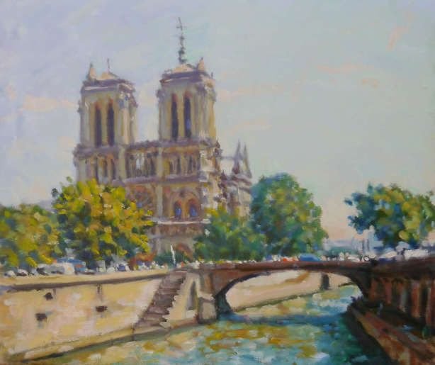Oil painting of the Notre-Dame Cathedral in Paris with trees and a bridge over the Seine River.