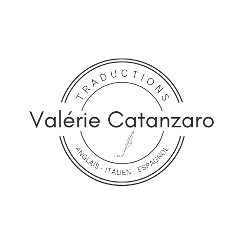 Logo avec nom Valérie Catanzaro et mentions de traduction en anglais, italien et espagnol, avec une plume au centre.