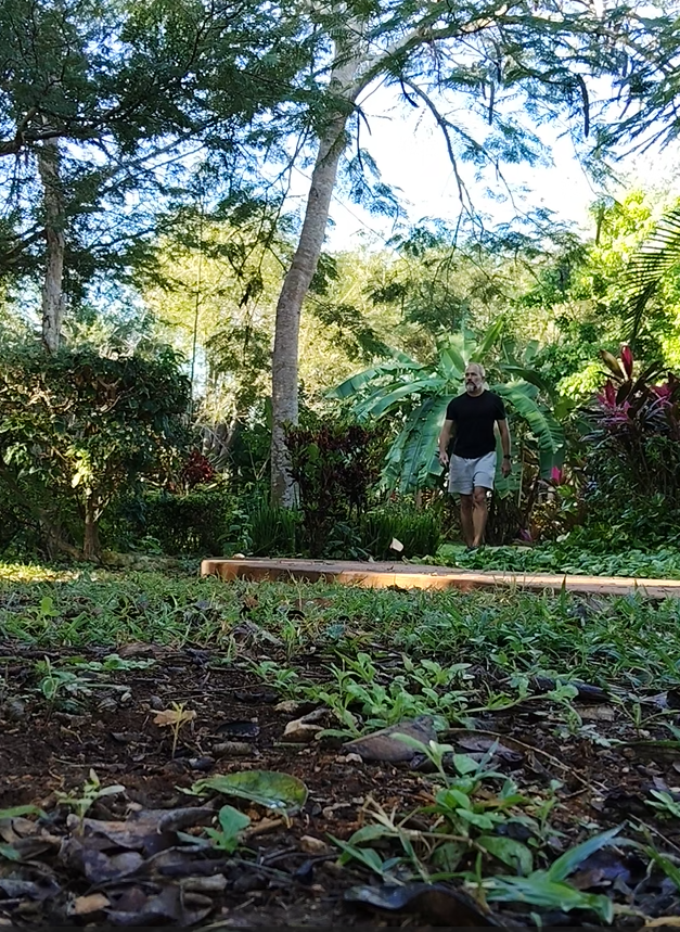 Man walking with tropical plants surrounding him