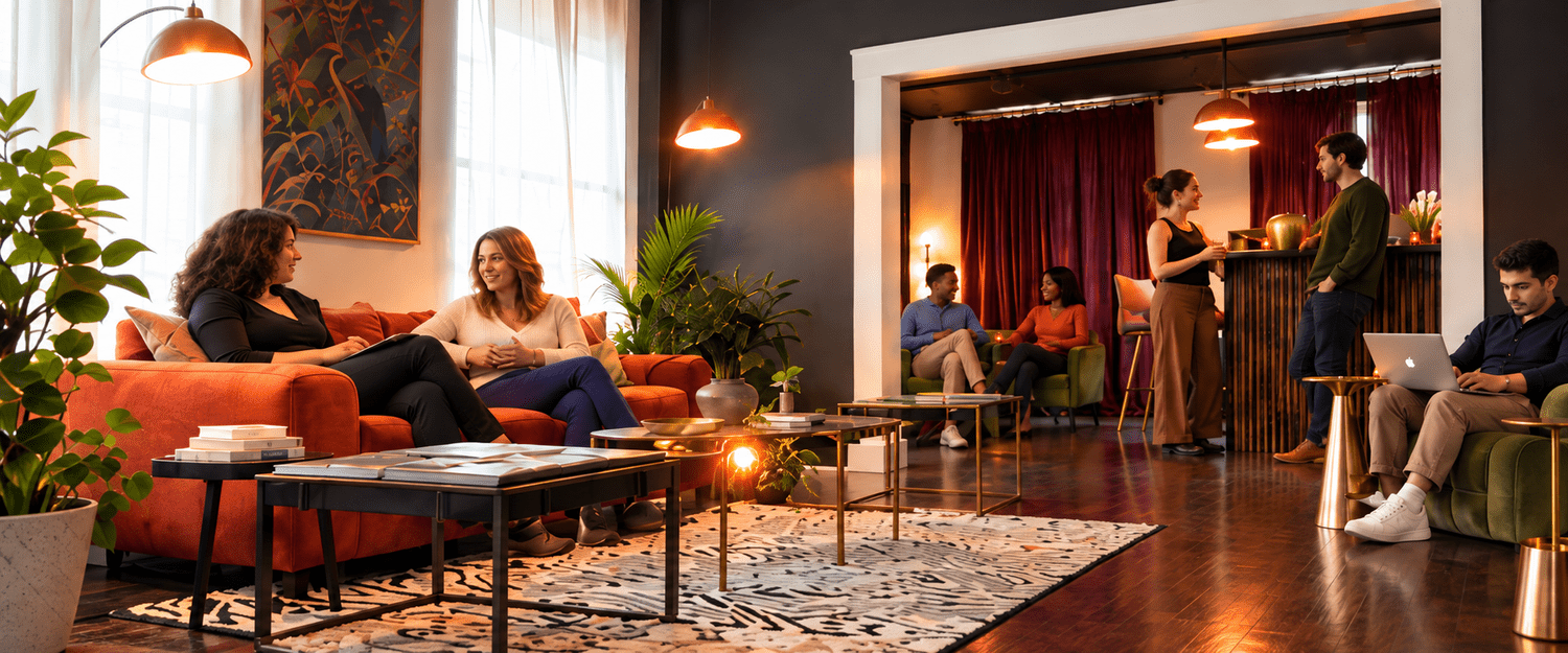 Analog Room lounge with people talking and working