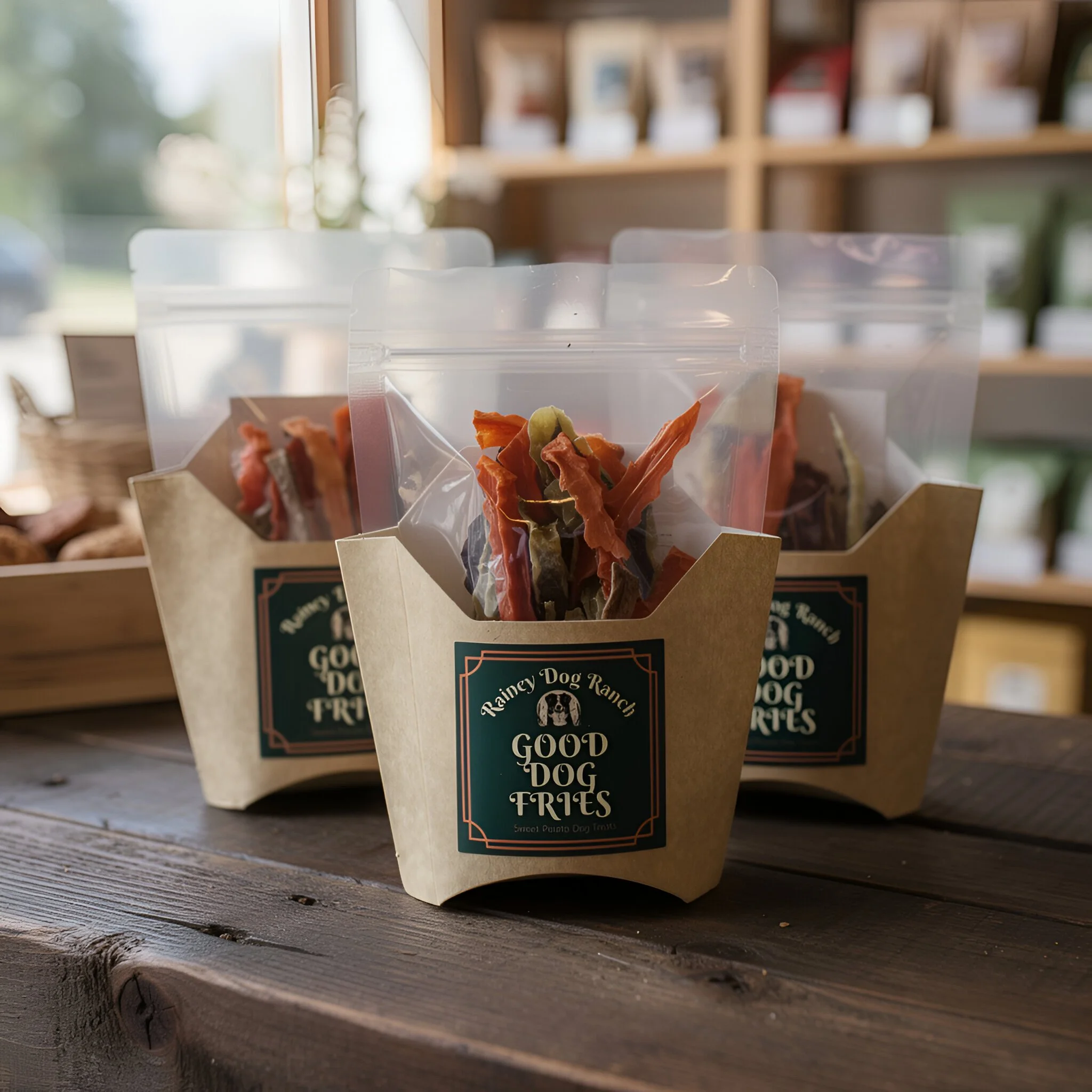 Three paper packages of colorful dried dog treats on a wooden surface inside a pet store with shelves of pet products in the background.