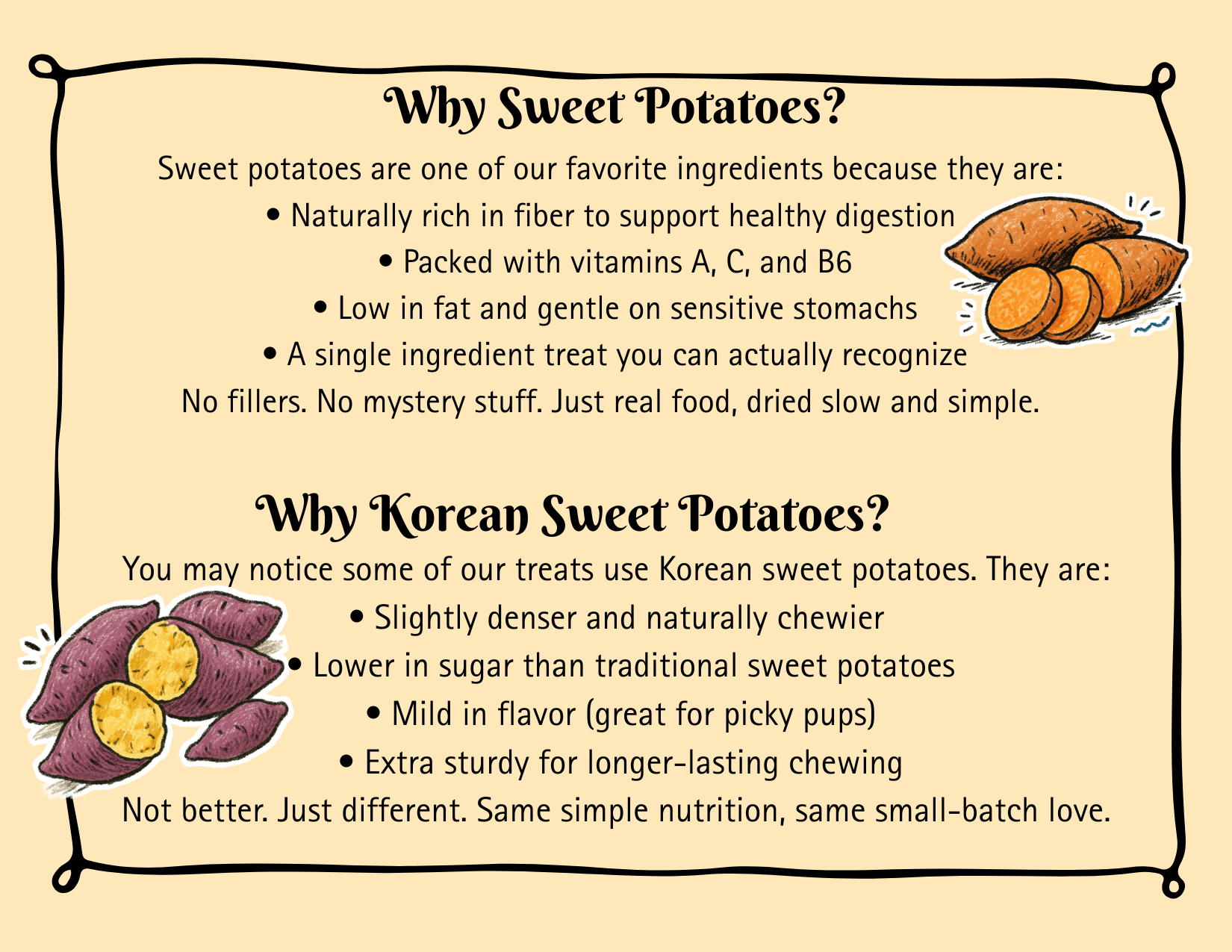 An informational poster explaining the benefits of sweet potatoes and Korean sweet potatoes, with hand-drawn images of the tubers. The poster has a beige background with black text and simple illustrations of sweet potatoes in the top right corner and Korean sweet potatoes in the bottom left corner.
