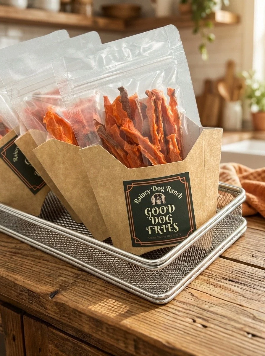 Bags of dog treats labeled 'Good Dog Fries' in a metal basket on a wooden table in a cozy kitchen setting.