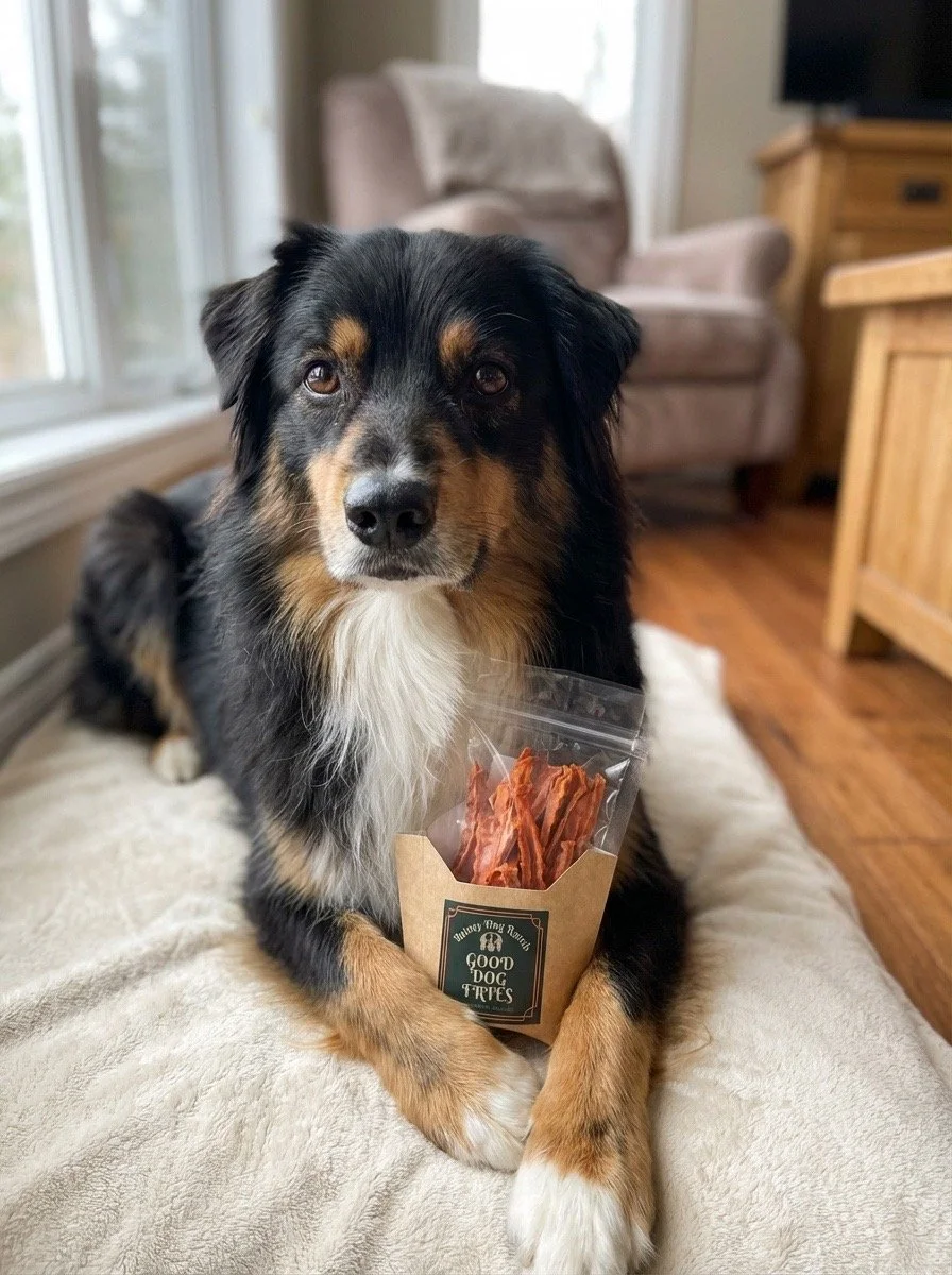 A dog lying on a beige blanket on a couch, holding a package of dog treats between its front paws inside a living room with wooden furniture and a window.