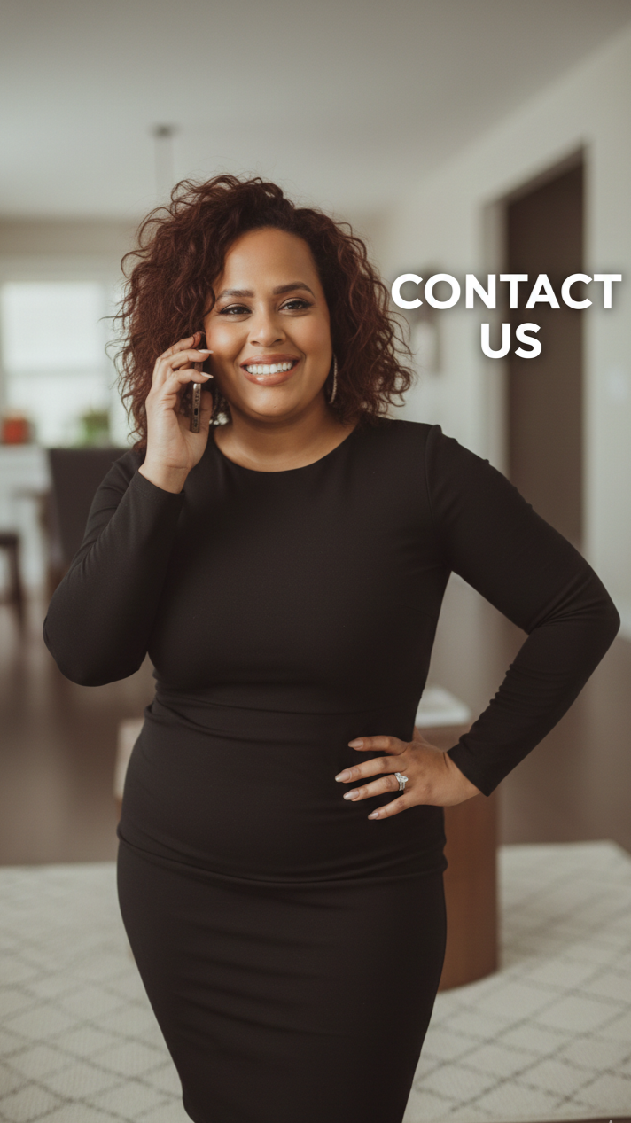 Smiling woman with curly hair talking on the phone in a living room, with the text "Contact Us" overlayed.
