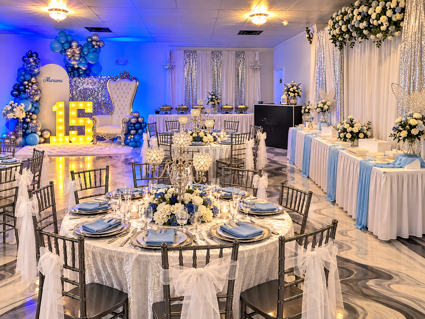 Blue and silver quinceañera reception room at La Mercedes Events in Zephyrhills, FL