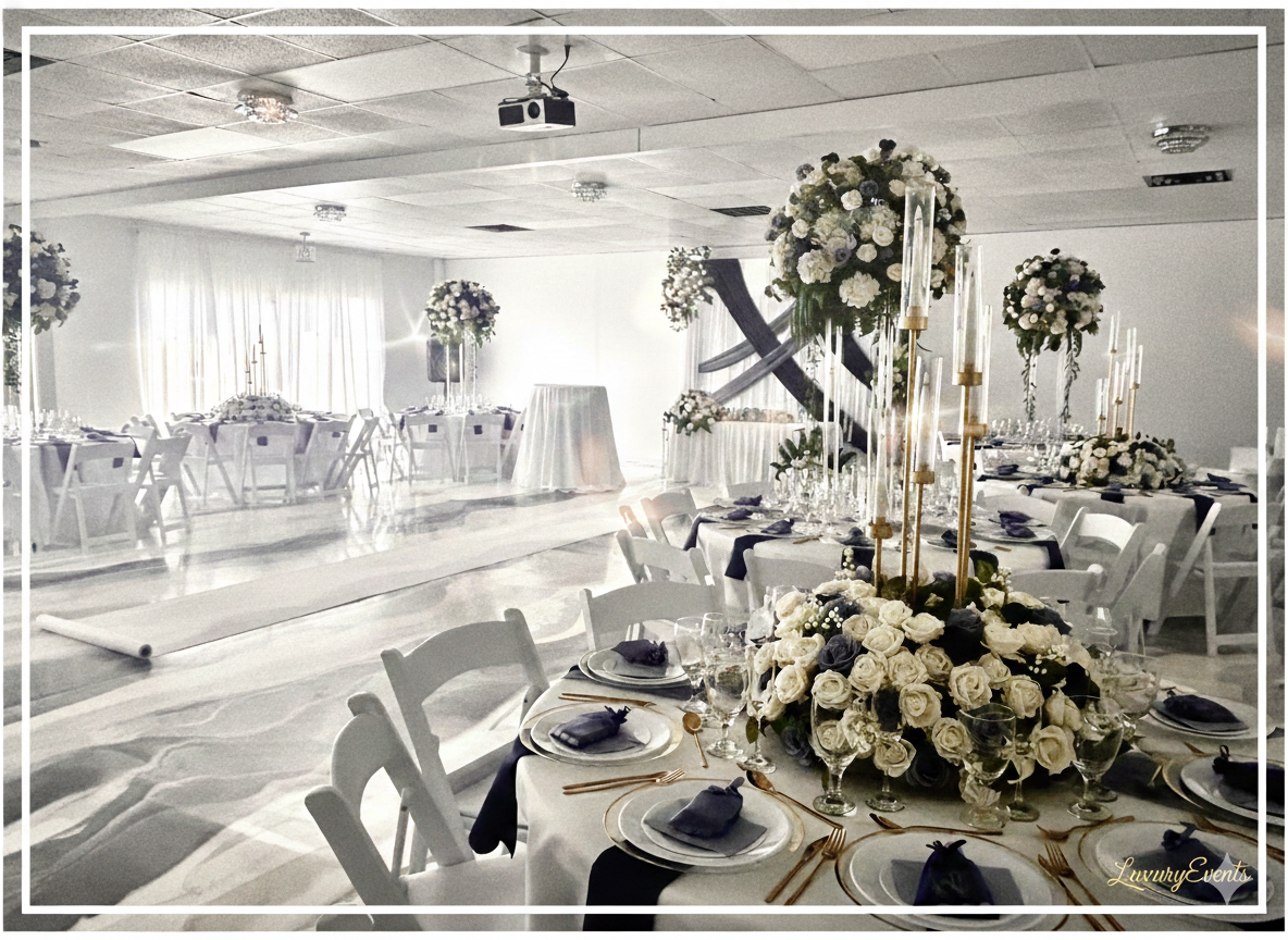 Elegant banquet hall decorated for a wedding reception with large floral centerpieces, white chairs, white tablecloths, and lit candles.