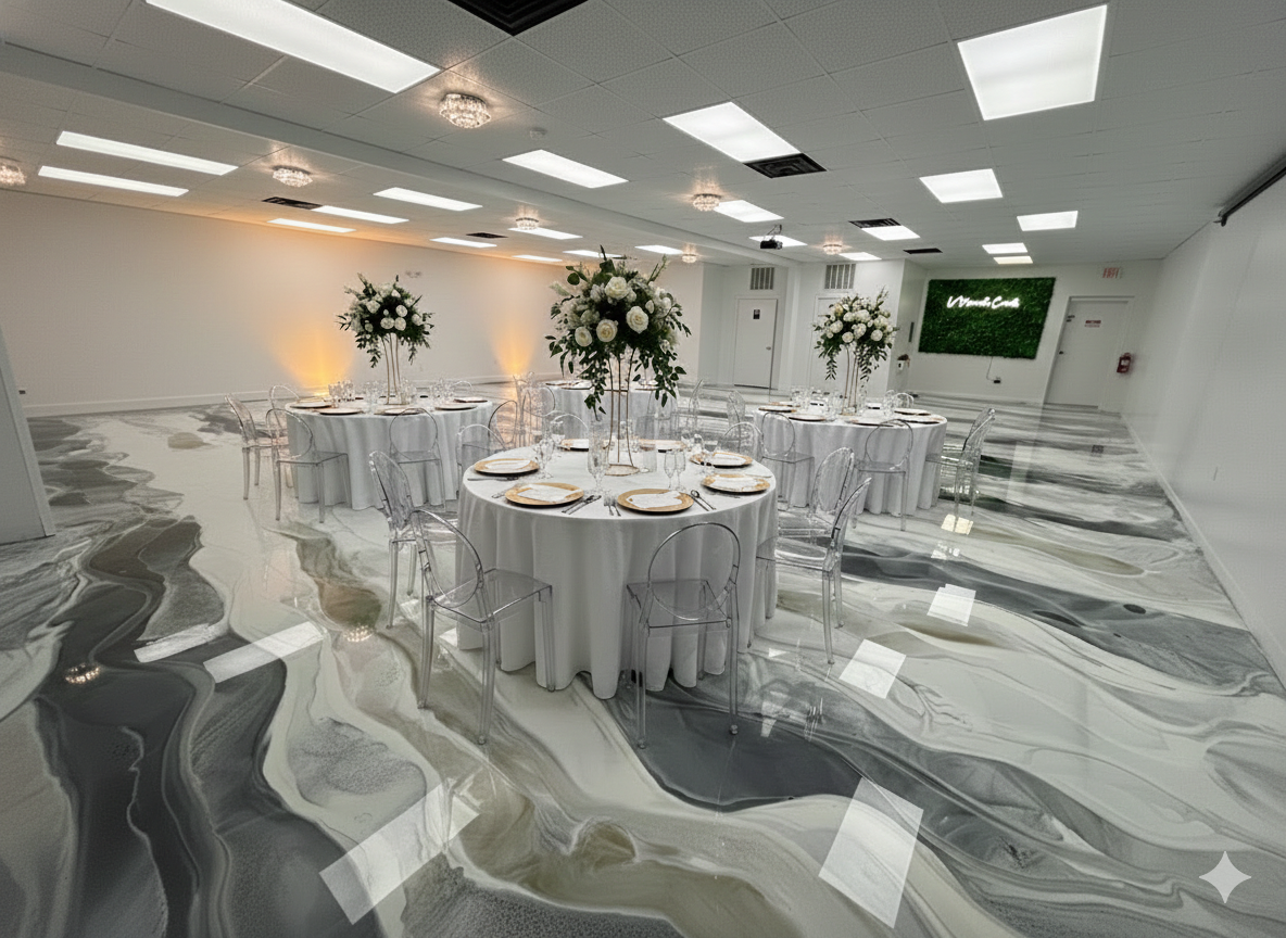 Elegant event space with white round tables, clear acrylic chairs, white tablecloths, floral centerpieces with white flowers and greenery, and a marbled black, gray, and white floor.