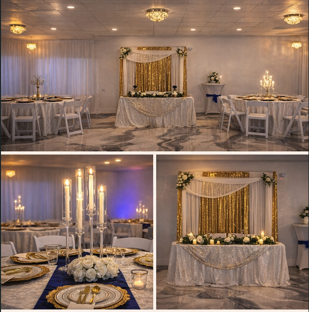 Elegant gold and ivory celebration setup at La Mercedes Events in Zephyrhills, Florida featuring crystal candle centerpieces, gold charger plates, and a decorated sweetheart table backdrop.