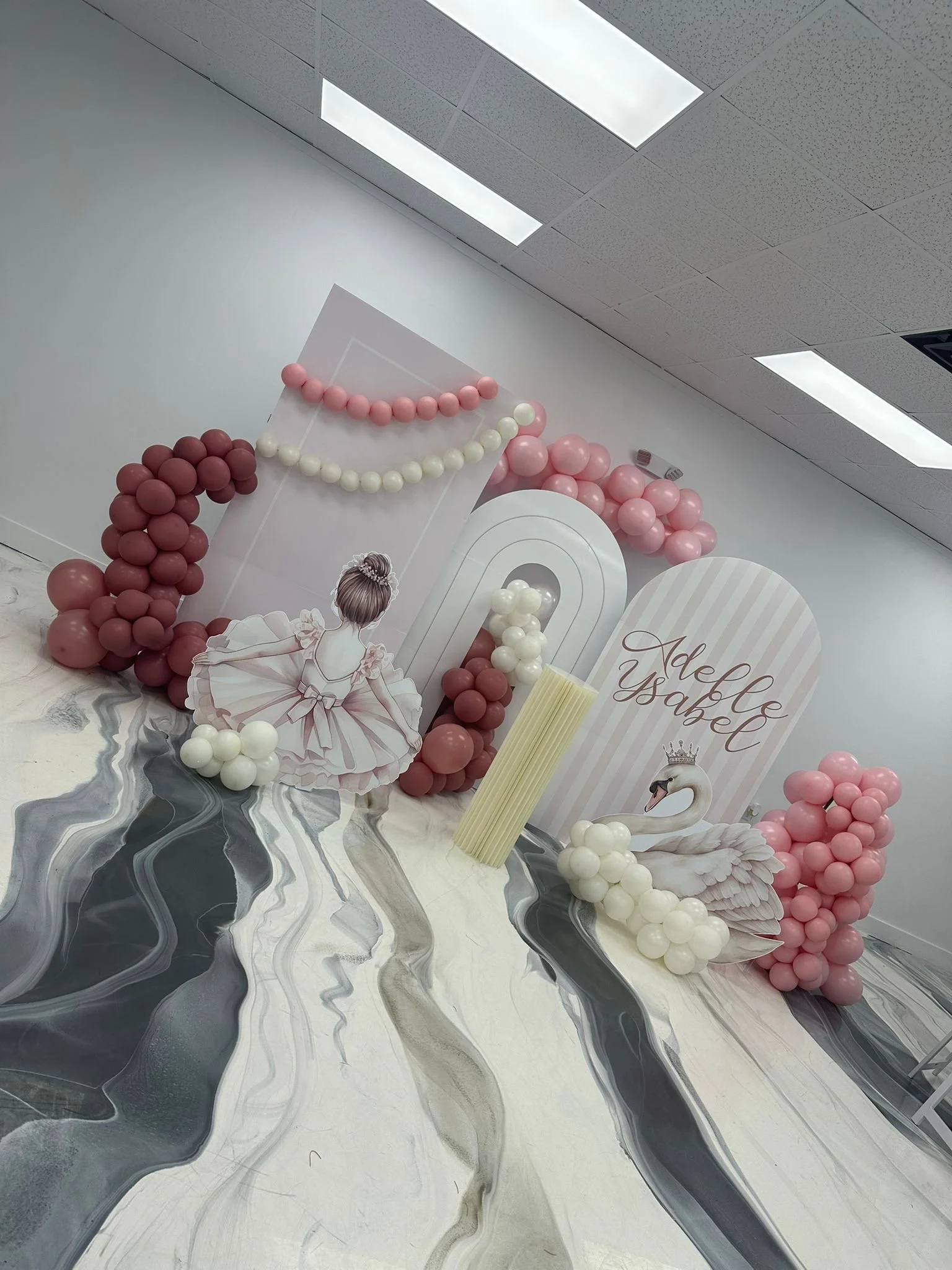 Decorative backdrop with balloons, a cutout of a ballerina girl, a white swan with a crown, and signs that say "Adelle Isabelle" in a pastel theme for a celebration or party.
