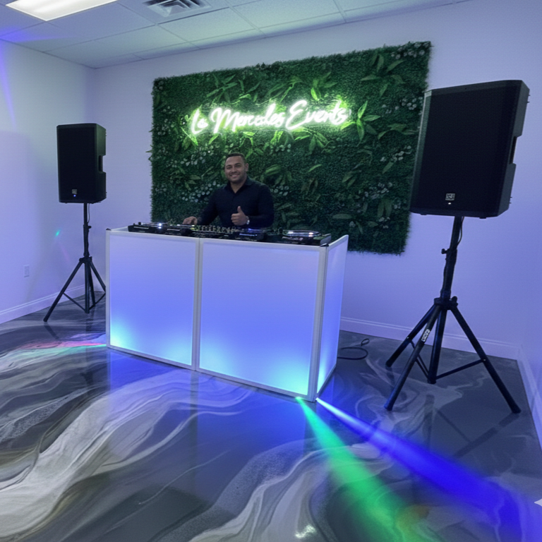 A DJ standing behind a lit-up DJ booth giving a thumbs up at a party with a green leafy wall and neon sign that says 'La Mercedes Event,' with two large speakers flanking the booth and colorful lights on the floor.