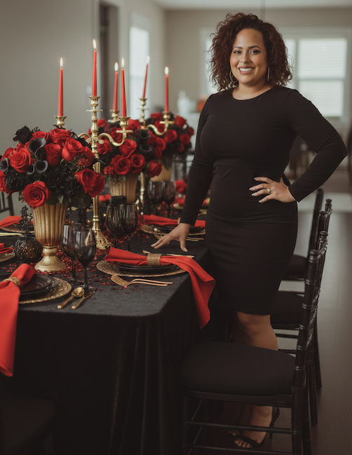 Woman in a black dress standing next to a decorated dining table with red and black floral arrangements, candles, and formal place settings.
