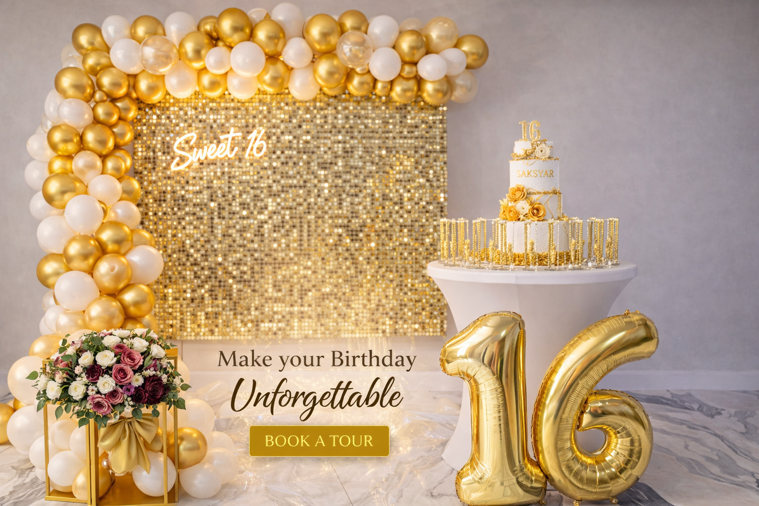 Decorative birthday celebration setup with a gold and white balloon arch, a floral arrangement in a gold stand, a white cake with gold accents and roses, a large gold number 16 balloon, and a backdrop with a gold glitter panel and a neon sign that reads "Sweet 16."