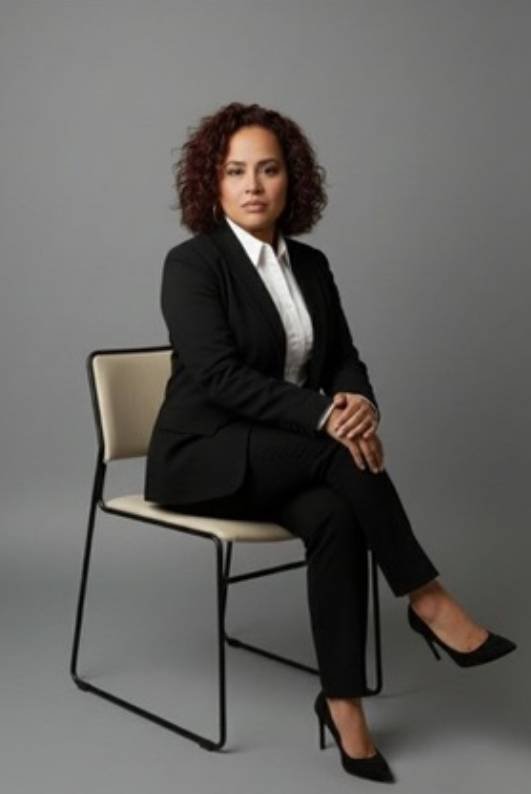 A woman with curly hair in a black business suit sitting on a beige chair against a plain gray background.