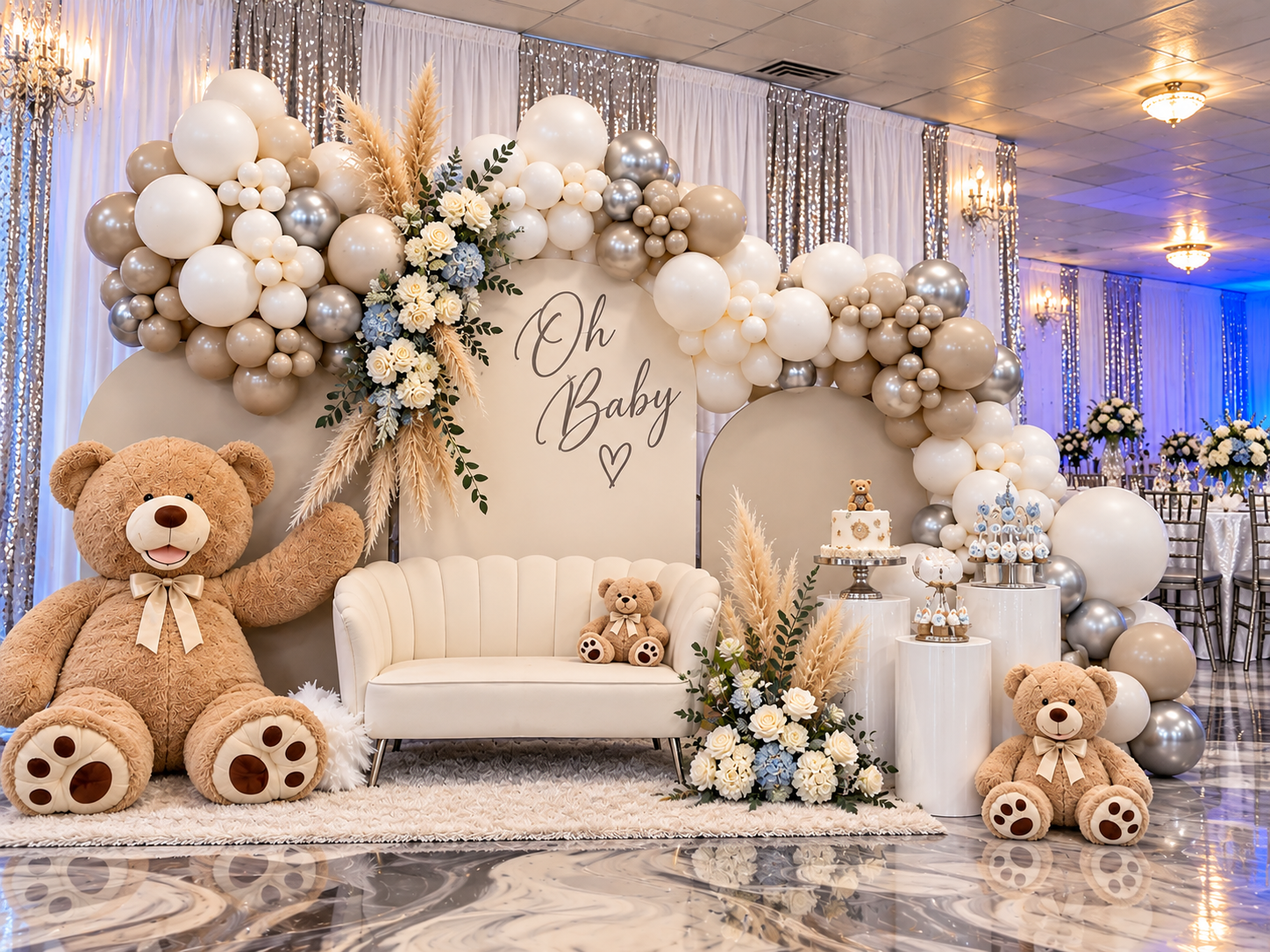 Oh Baby balloon and teddy bear baby shower backdrop at La Mercedes Events near Wesley Chapel, FL