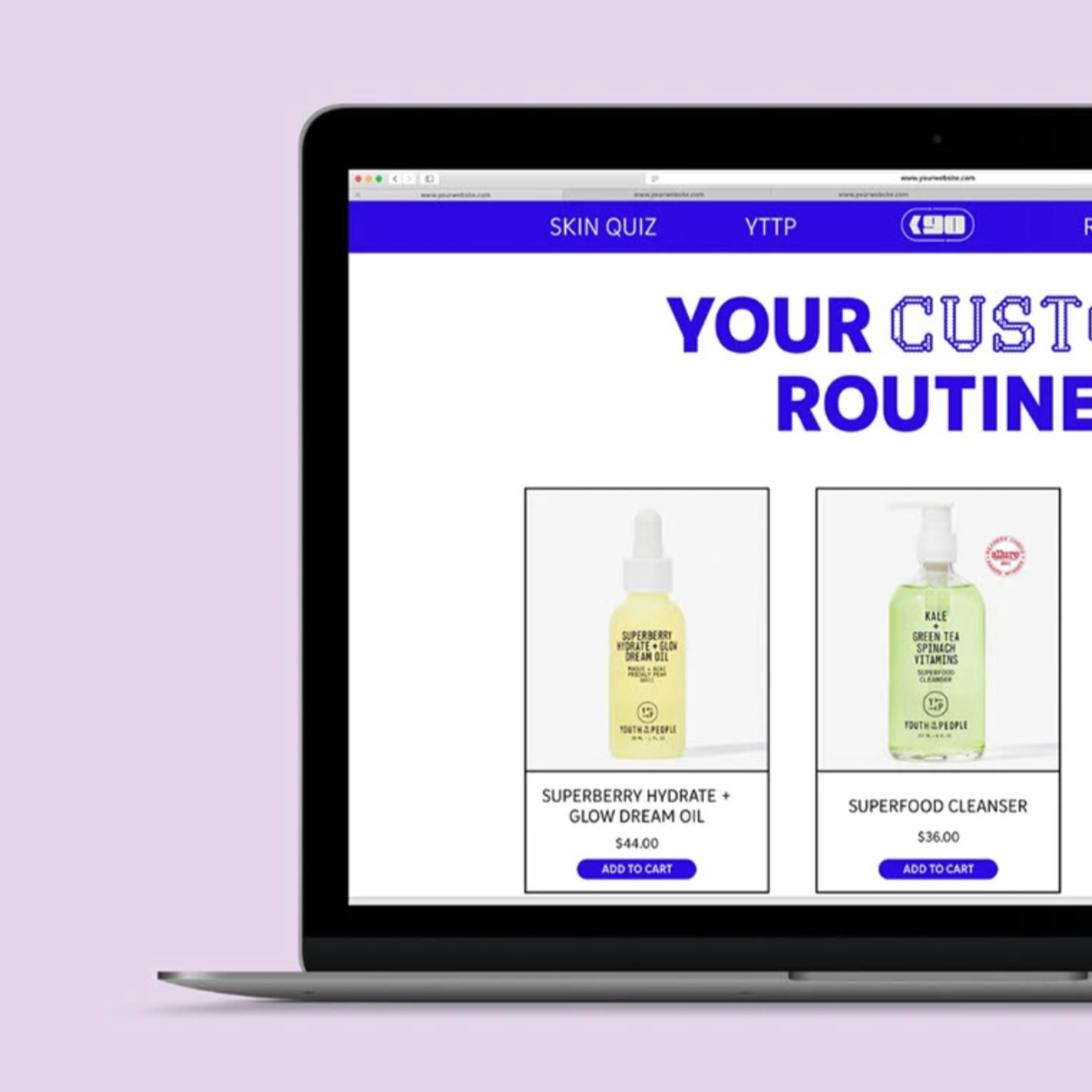 Laptop screen displaying an online skincare products store with various products, including a yellow dropper bottle labeled 'Superberry Hydrate + Glow Dream Oil' priced at $44.00, and a green spray bottle labeled 'Superfood Cleanser' priced at $36.00. The page header says 'Your Customer Routine' and includes tabs 'Skin Quiz' and 'YTP'.