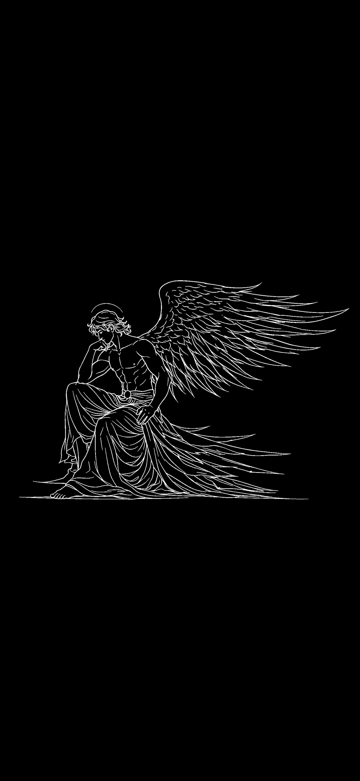 Line drawing of a seated angel with large wings, wearing a flowing robe, resting chin on hand against a black background.