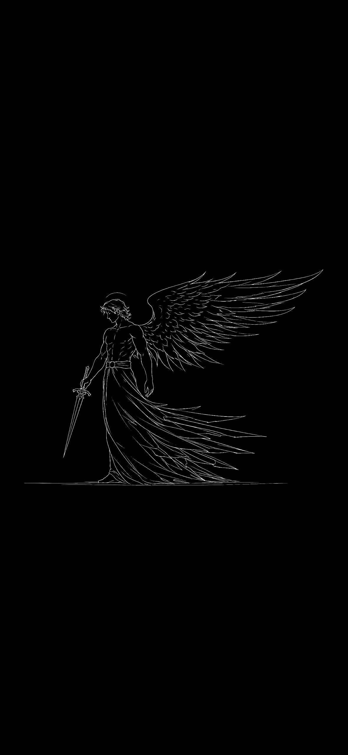 Line art illustration of a winged male figure holding a sword, standing on a black background.