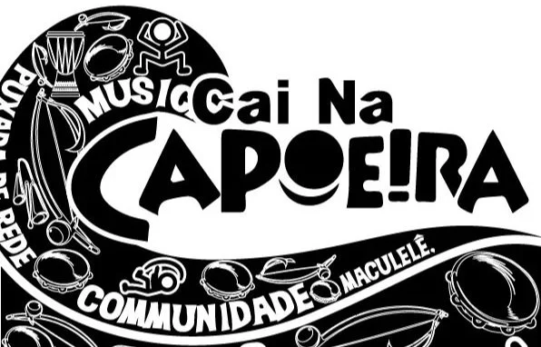 Black and white design with text 'Cai Na Capoeira', an image of a wave full of musical instruments surrounding the words, representing the Capoeira community and culture.