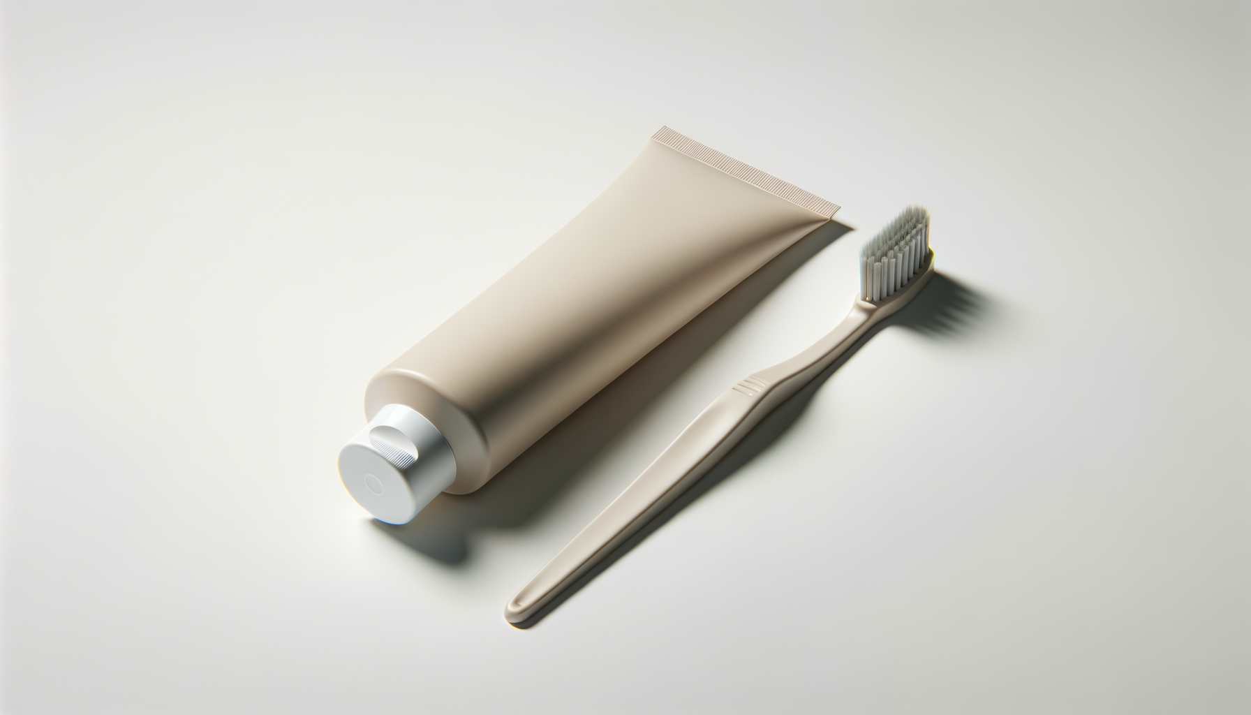 A beige tube of toothpaste lying next to a beige toothbrush on a light surface.