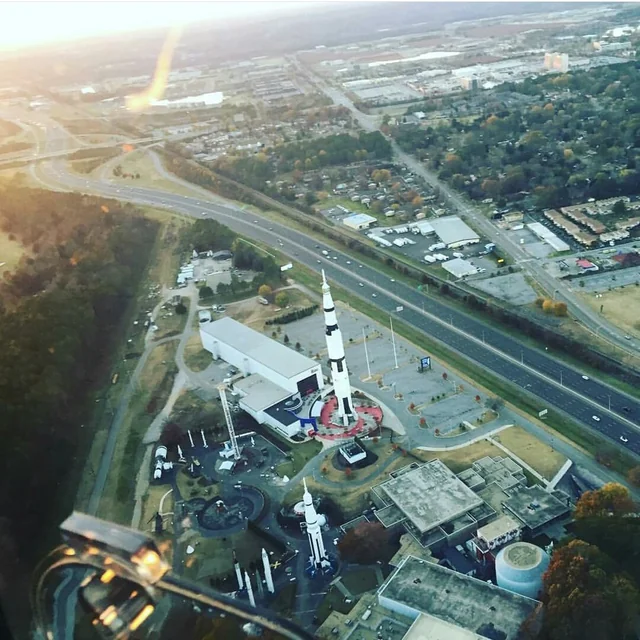 An aerial view of the NASA Space & Rocket Center (Davidson Center, and Space Camp) near Highway 535 in Huntsville, Alabama