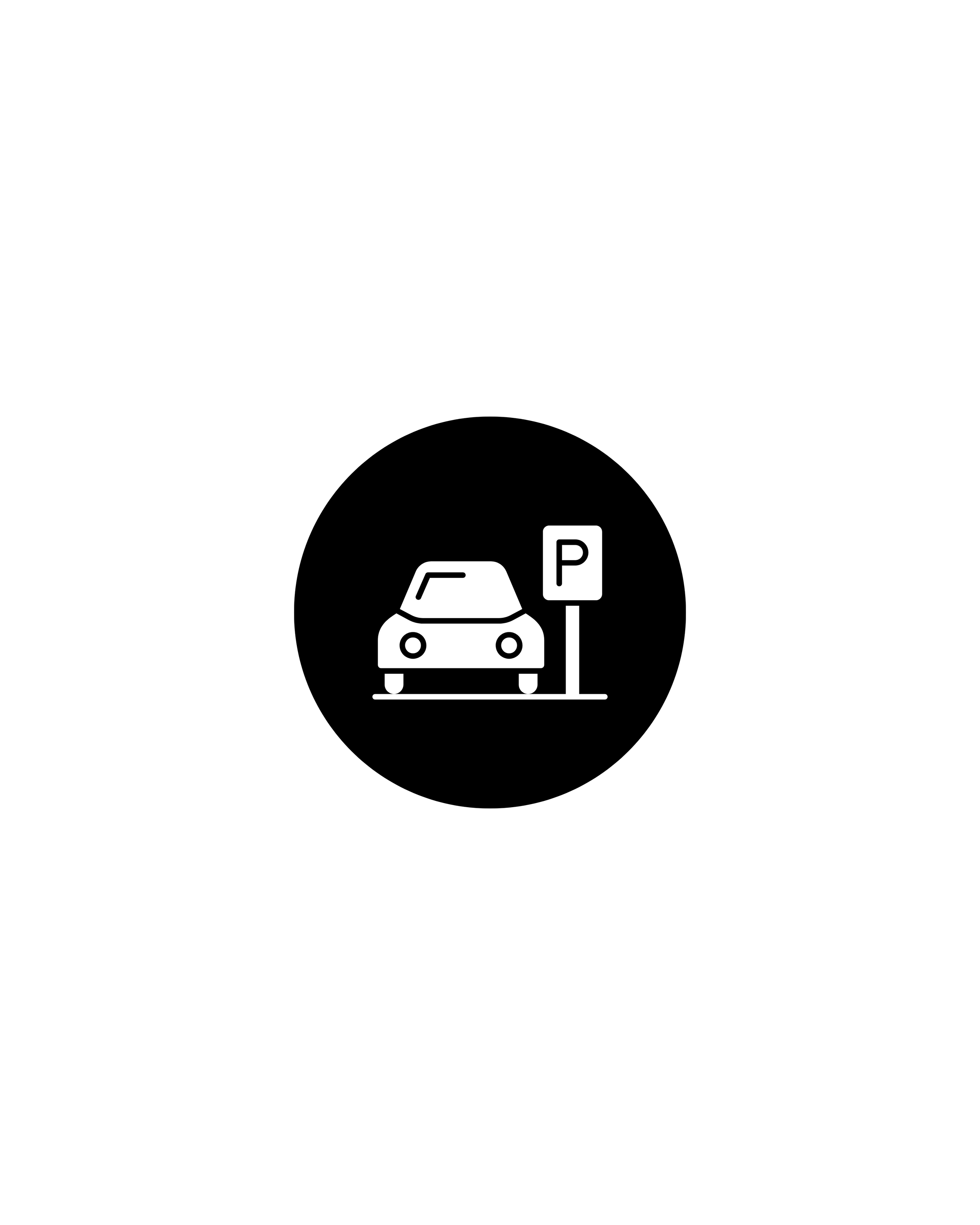 White icon of a car parked at a designated parking spot with a parking sign on a black background.