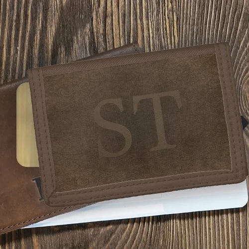 monogrammed vintage elegant brown leather look trifold wallet