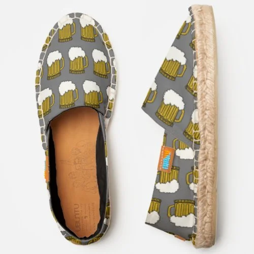 foam topped beer stein mug gray canvas espadrilles shoes sandals
