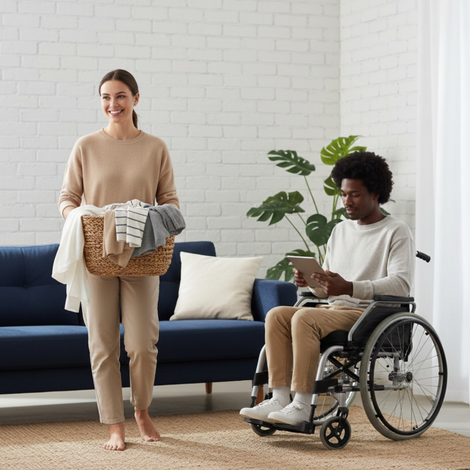 A woman is standing and smiling, holding a basket of folded laundry, while a man in a wheelchair is sitting nearby and looking at a tablet. They are in a living room with a white brick wall, a navy blue sofa, and a large green plant.