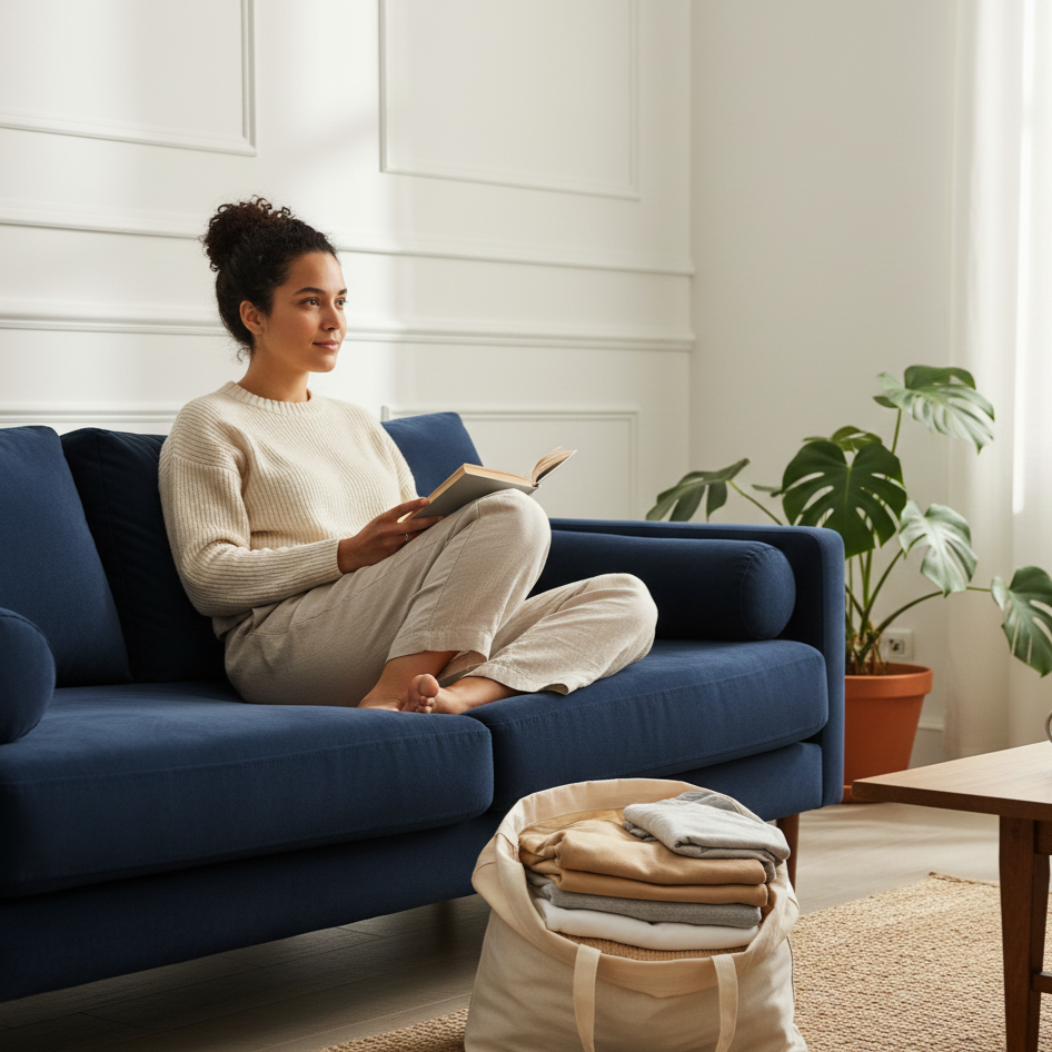 A woman sitting cross-legged on a blue sofa, reading a book in a living room with white walls, a potted plant, and a basket of folded clothes in front.
