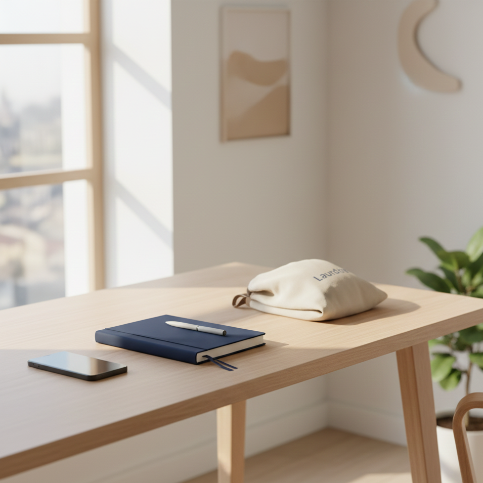 A wooden table with a smartphone, a closed navy blue notebook with a white pen on top, and a white pouch with text on it, in a room with sunlight coming through a window and a plant in the background.