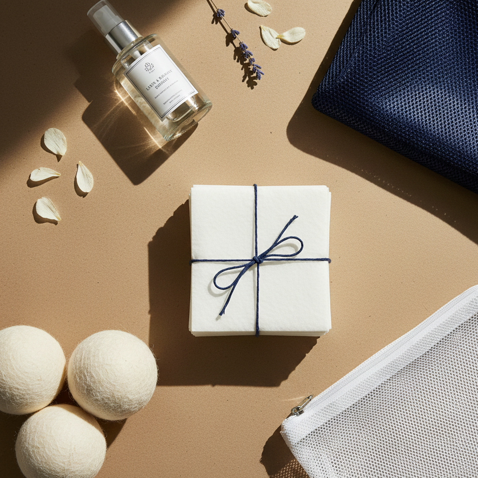 A flat lay of a beige surface featuring a small wrapped gift with a navy blue ribbon, a bottle of fragrance labeled 'Linen & Flower,' three white decorative orbs, dried lavender and flower petals, a blue textured bag, and a white mesh zippered pouch.