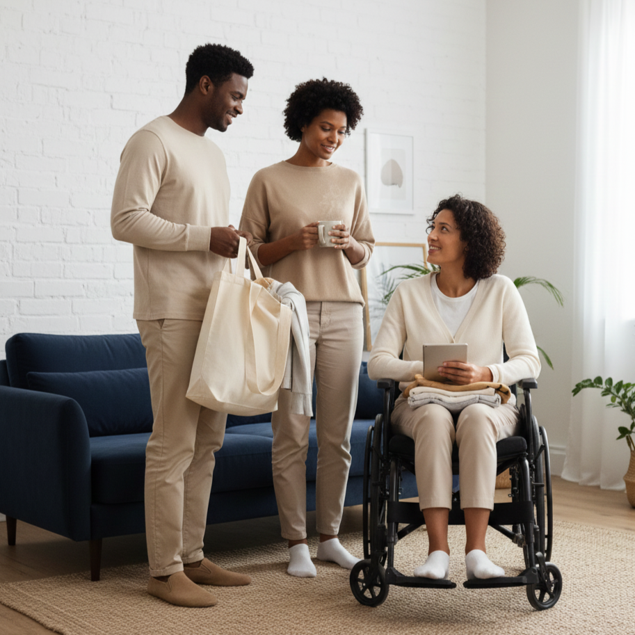 Three people interacting in a living room. One woman in a wheelchair with a tablet, a man with a bag, and another woman holding a mug, all smiling.