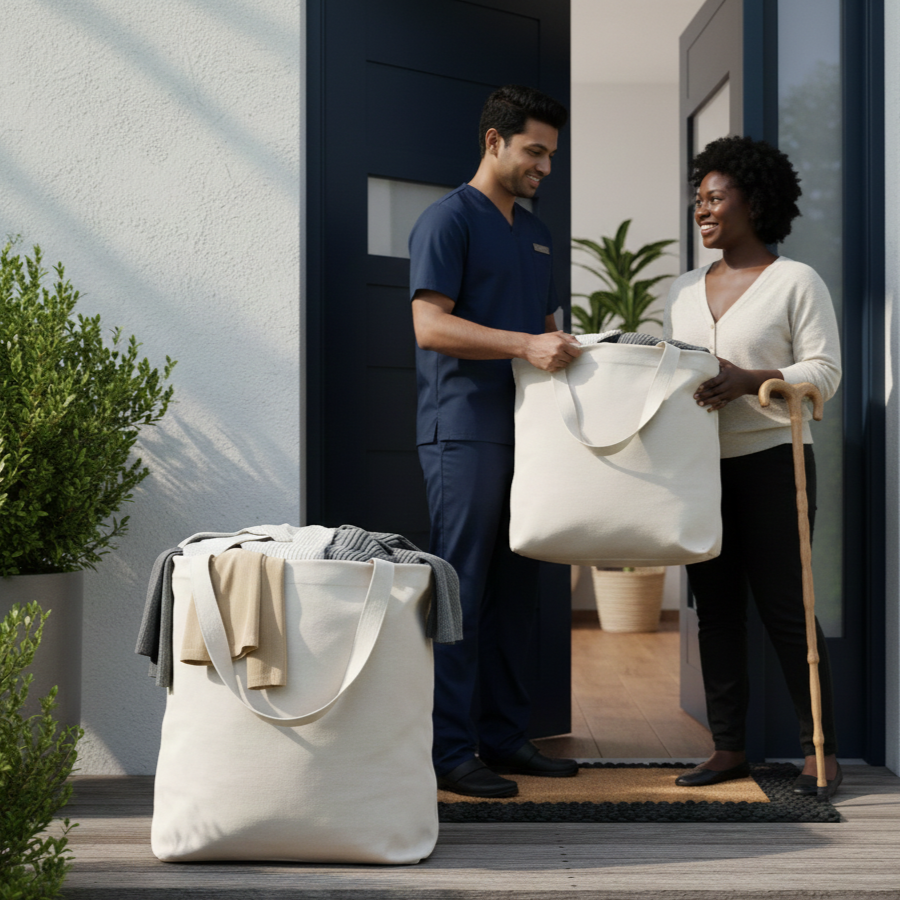 A delivery person happily hands over a large tote bag to a woman at her front door, with another tote bag on the porch filled with clothes. The woman holds a cane and wears a white sweater, and there's a plant inside the house visible through the door.