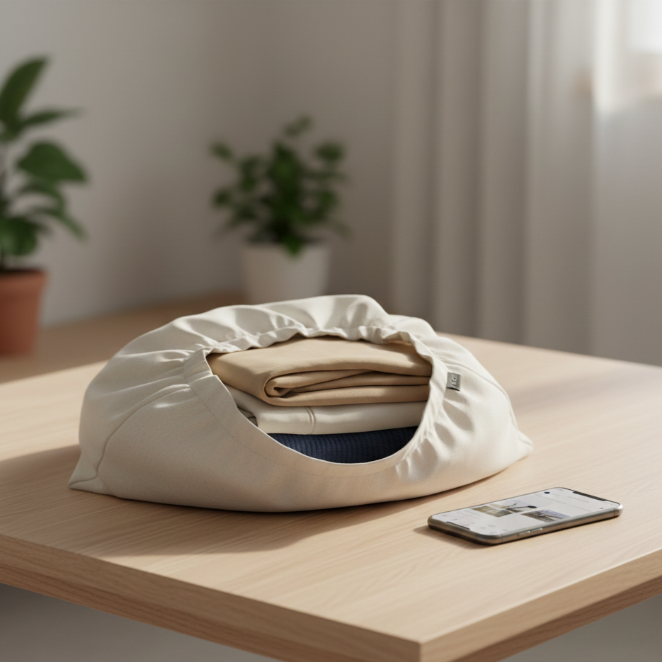 A white fabric bag on a wooden table, containing folded beige and white clothes, with a smartphone placed nearby. Two potted plants are in the background.