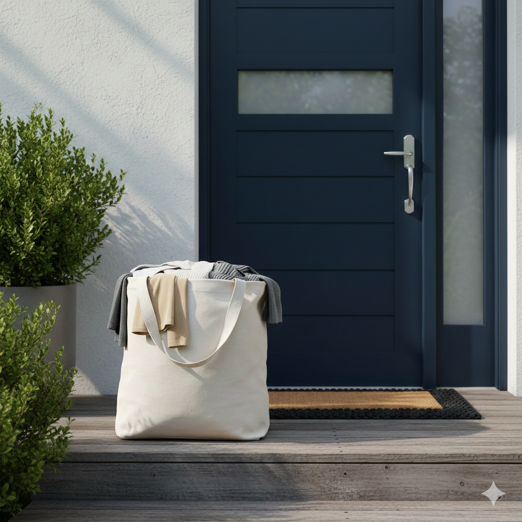 A beige canvas tote bag filled with clothes sitting on a porch next to a blue front door and potted greenery.