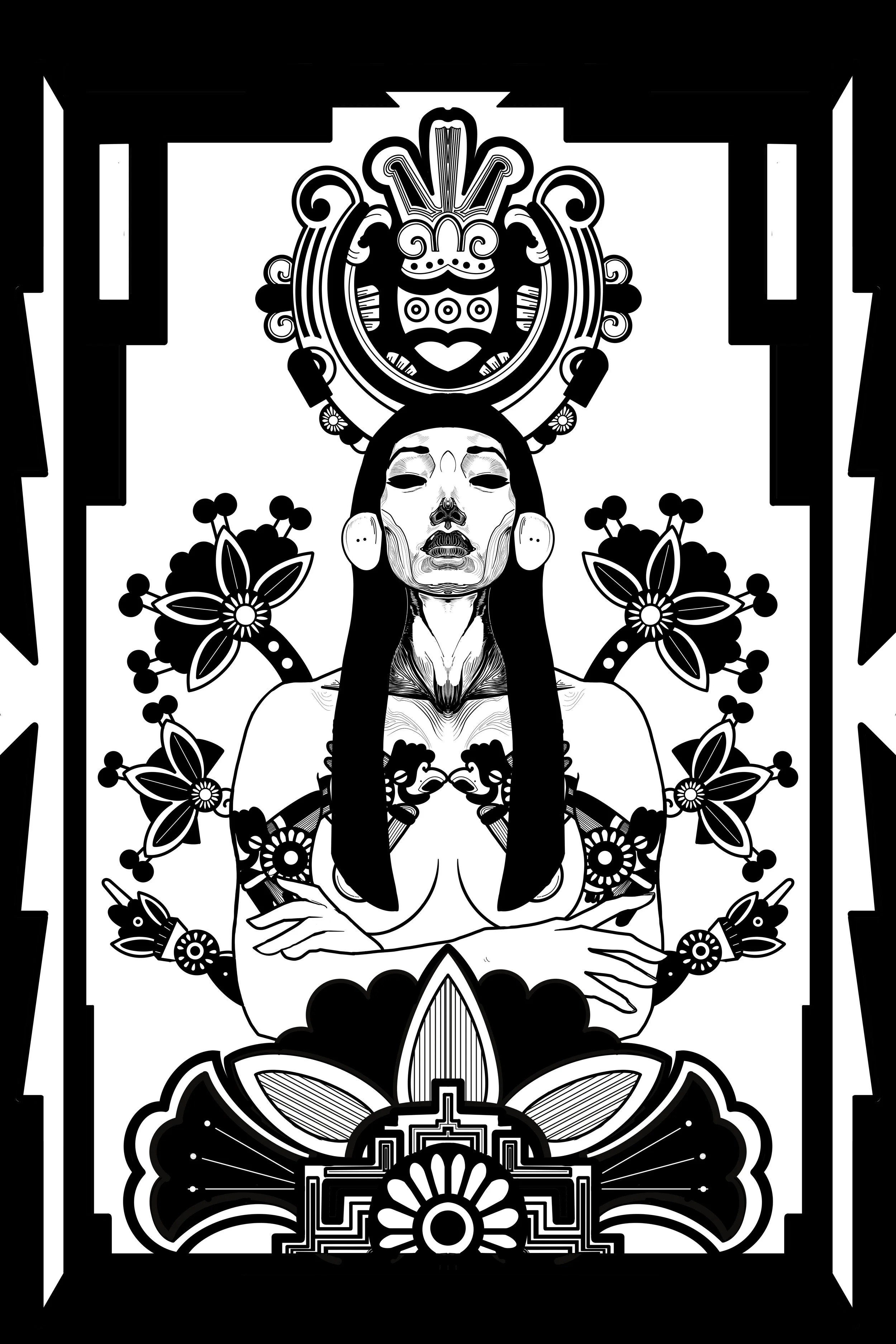 A bold geometric tribute to Xōchiquetzal, the Aztec goddess of beauty and flourishing. Sharp, symmetrical shapes form a modern emblem that feels both ancient and immediate