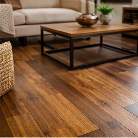 Living room with wooden floor, beige sofa, wooden coffee table, and green plant in a pot.