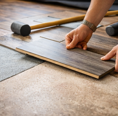 Person installing vinyl flooring using a hammer and tapping the laminate plank into place.