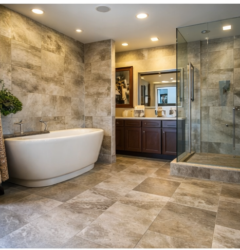 Modern bathroom with free-standing bathtub, glass-enclosed shower, double vanity with large mirror, beige tiled walls and floor, and recessed ceiling lights.