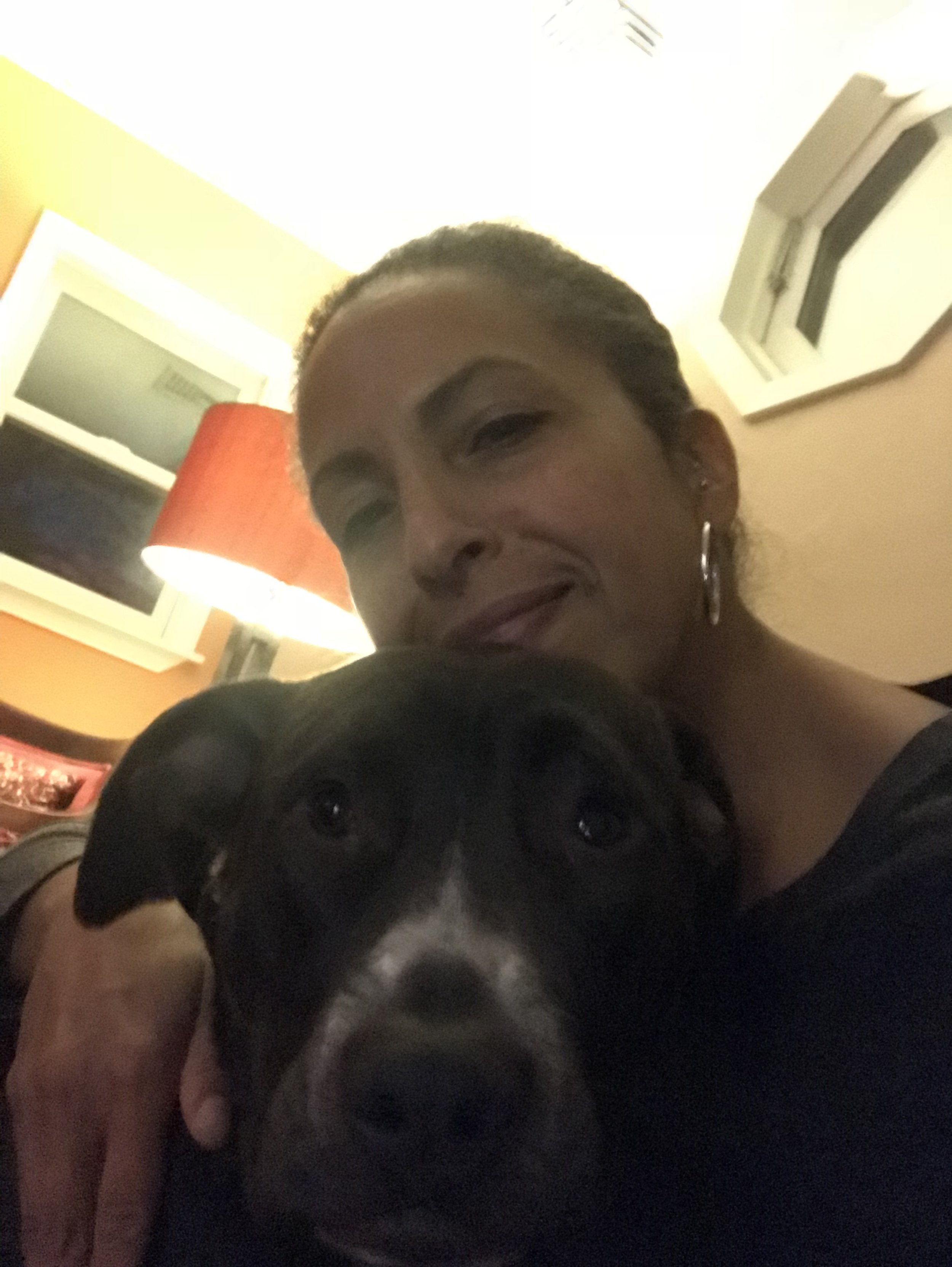 A woman with earrings hugging a black and white puppy with floppy ears indoors at night.
